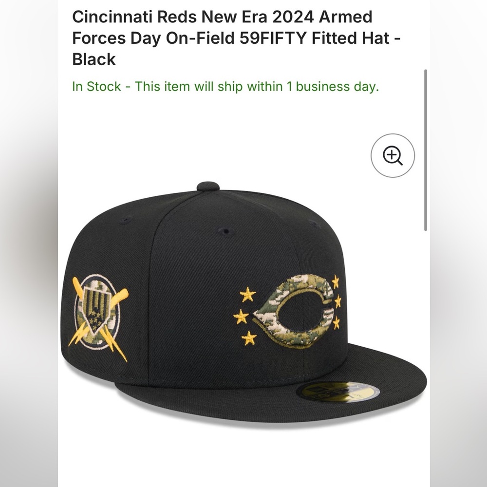 New Era Cincinnati Reds Black Fitted Cap with Camo Logo and Gold Accents